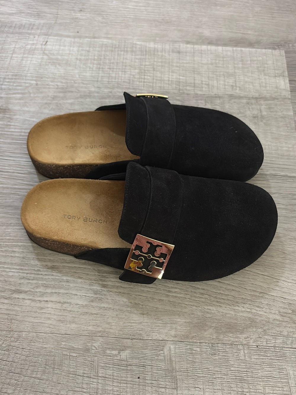 Tory Burch Black Suede Mule Slides with Gold Logo Accent